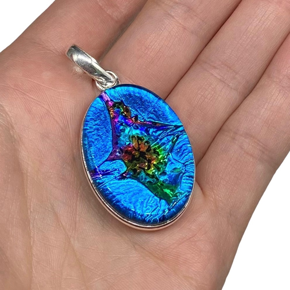Dichroic Glass Pendant Natural Stone Sterling Silver 925 Overlay Blue